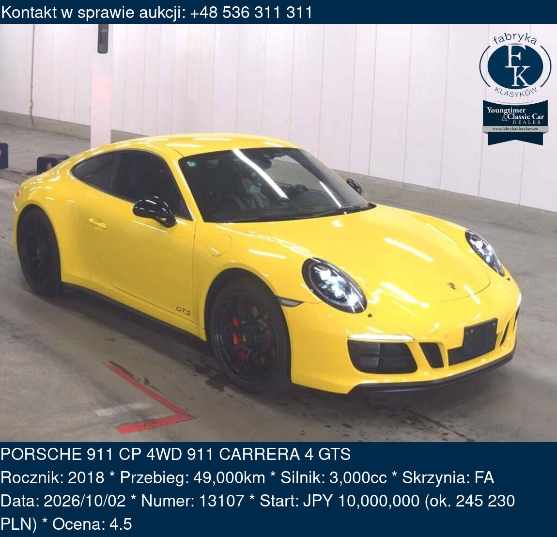 PORSCHE 911 CP 4WD 911 CARRERA 4 GTS 2018 - zdjęcie 2