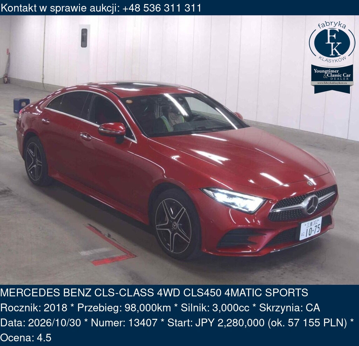 MERCEDES BENZ CLS-CLASS 4WD CLS450 4MATIC SPORTS 2018 - zdjęcie 2
