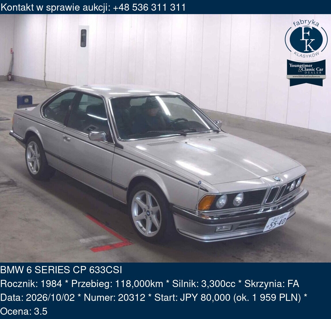 BMW 6 SERIES CP 633CSI 1984 - zdjęcie 2