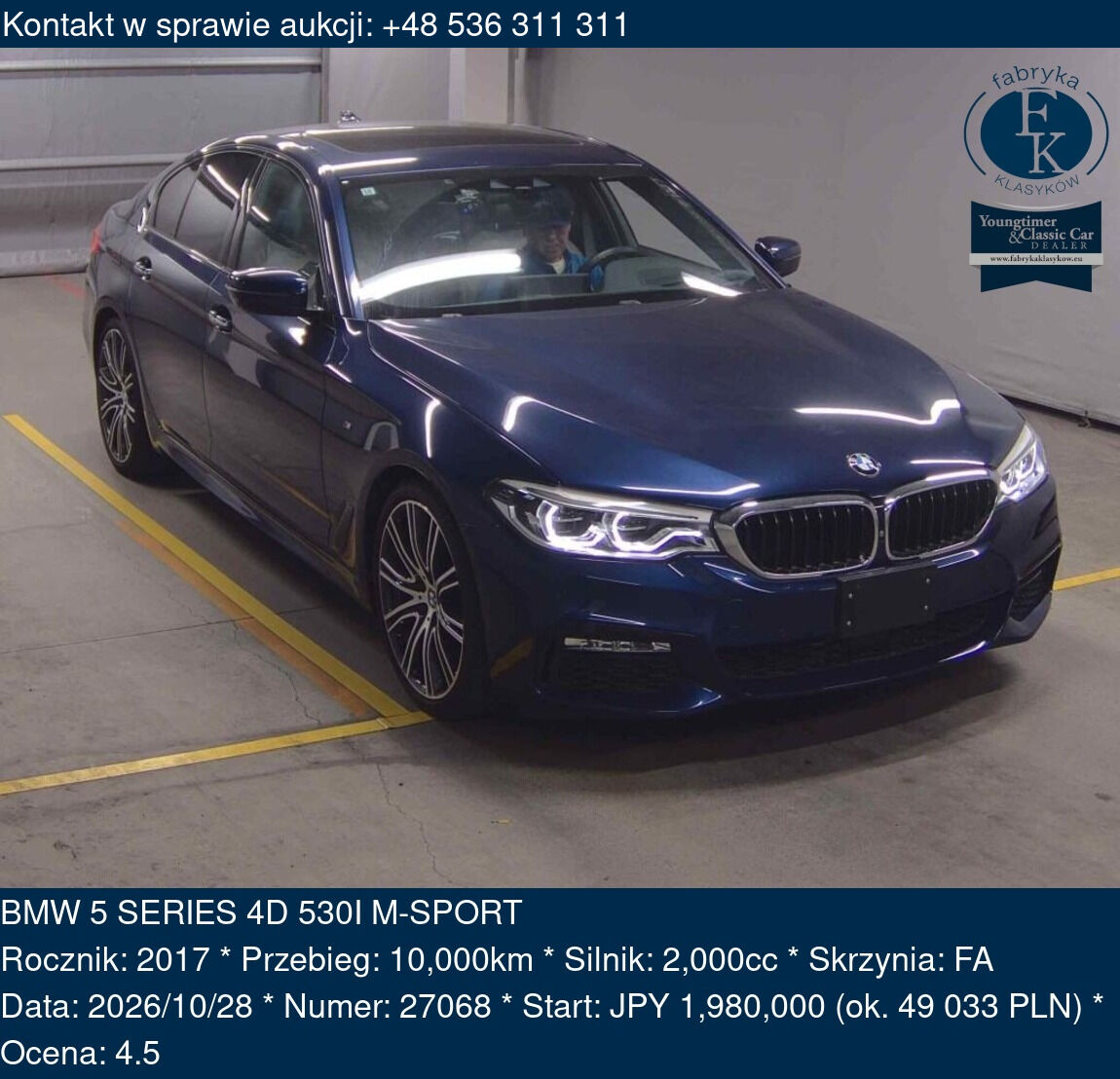 BMW 5 SERIES 4D 530I M-SPORT 2017 - zdjęcie 2