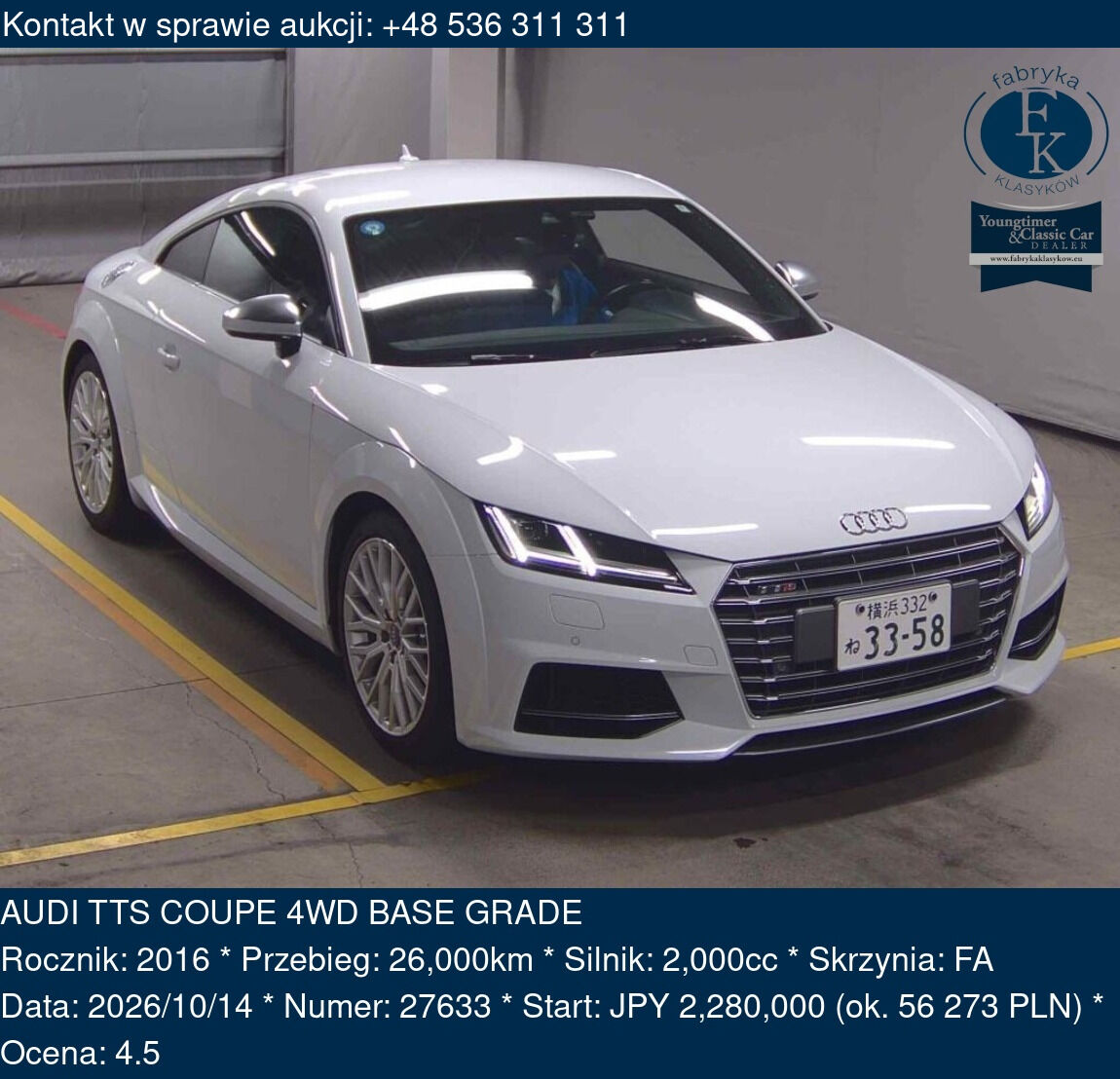 AUDI TTS COUPE 4WD BASE GRADE 2016 - zdjęcie 2