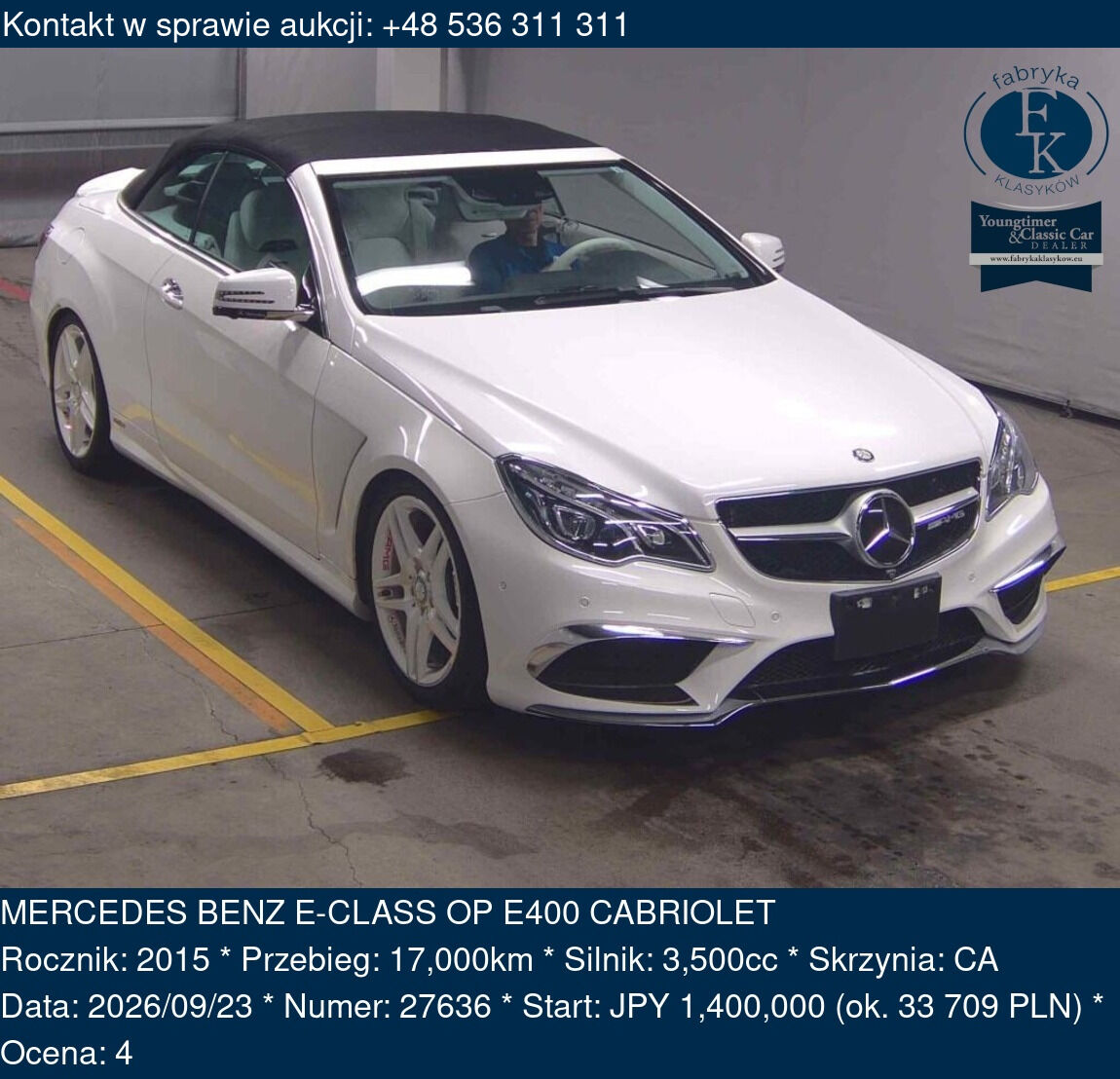 MERCEDES BENZ E-CLASS OP E400 CABRIOLET 2015 - zdjęcie 2
