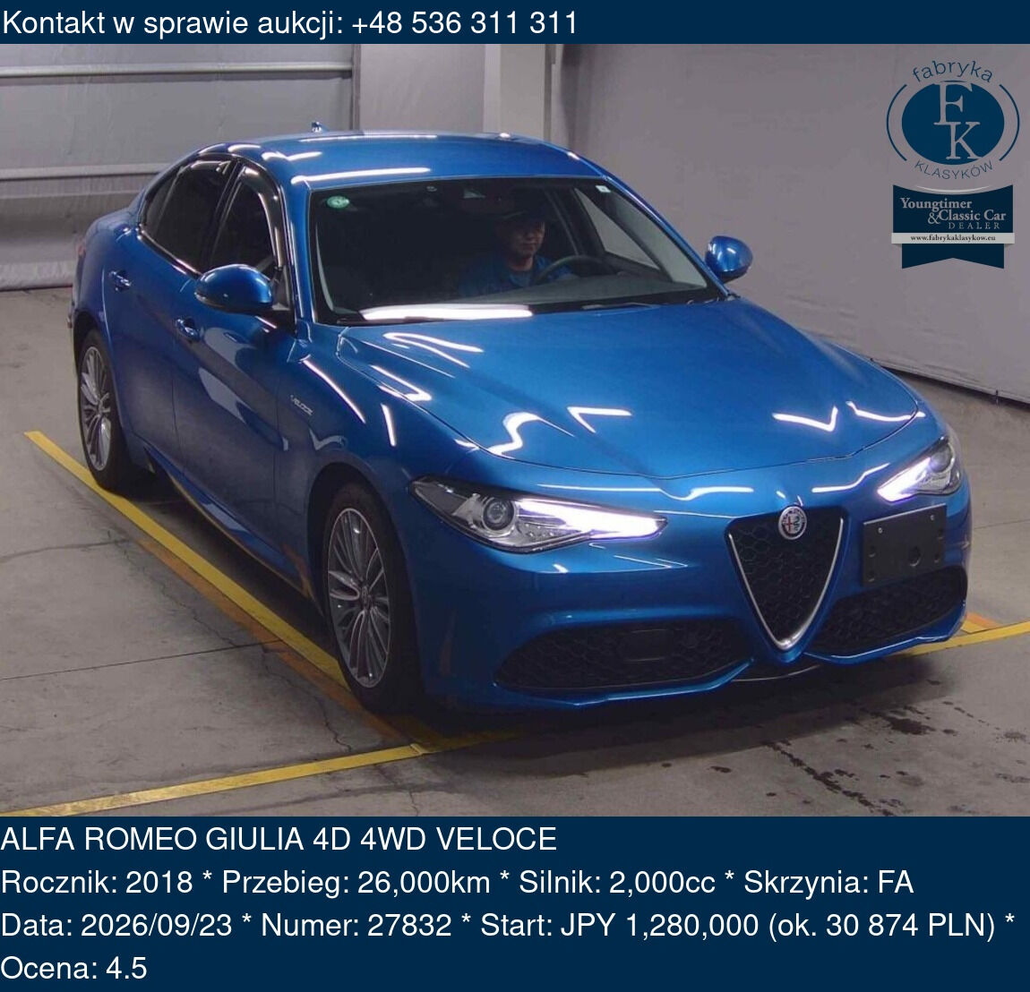 ALFA ROMEO GIULIA 4D 4WD VELOCE 2018 - zdjęcie 2