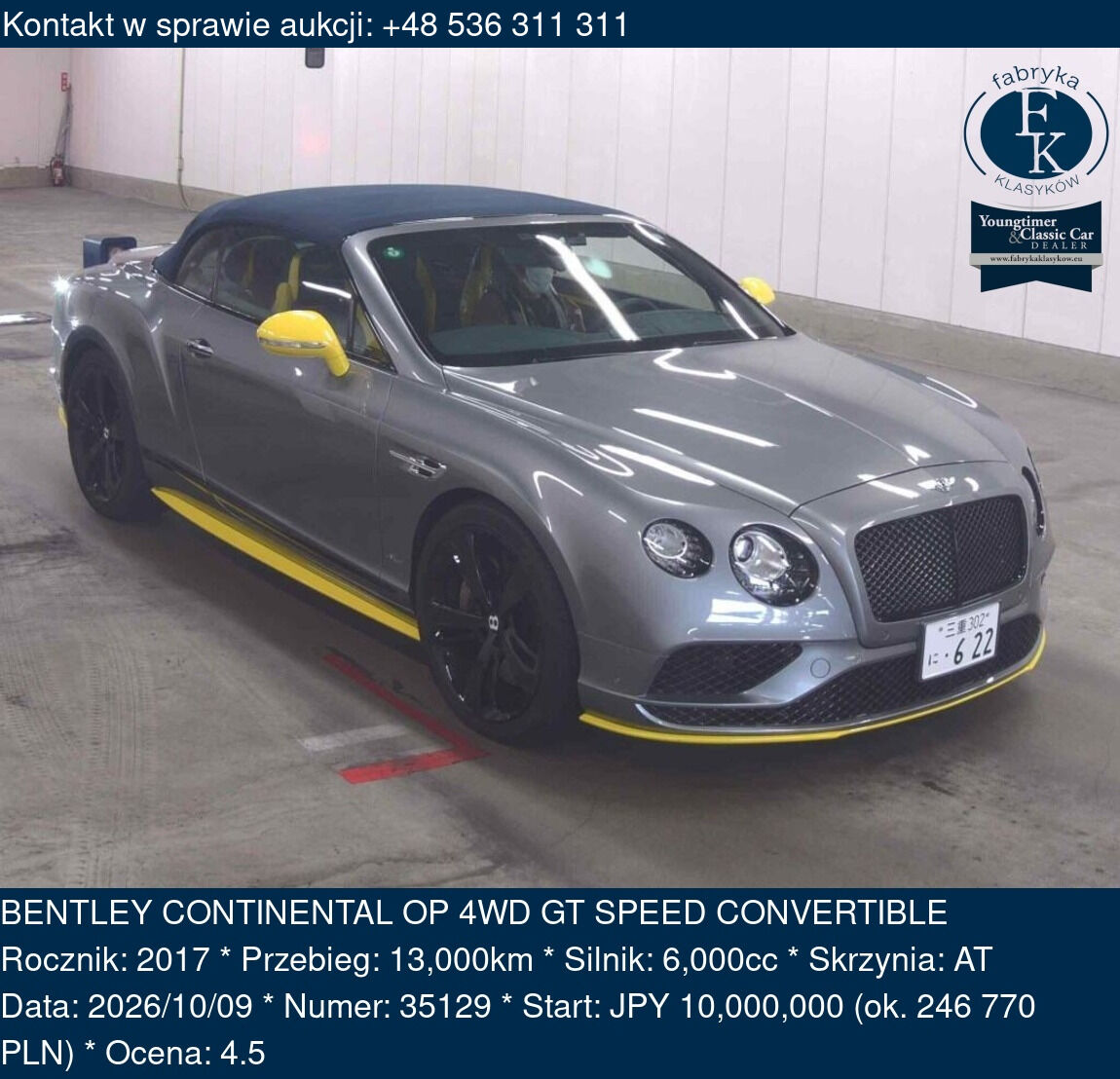 BENTLEY CONTINENTAL OP 4WD GT SPEED CONVERTIBLE 2017 - zdjęcie 2
