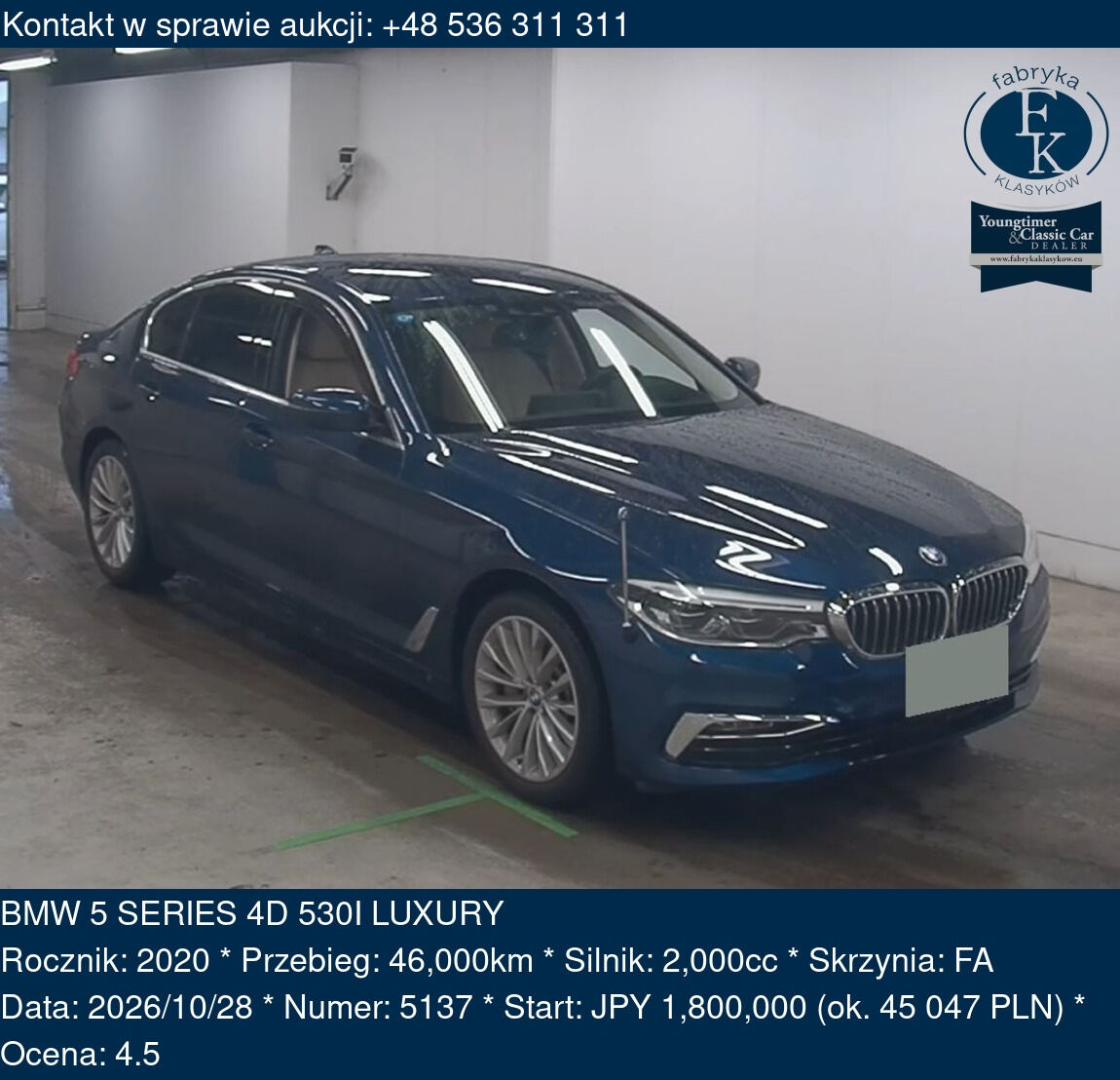 BMW 5 SERIES 4D 530I LUXURY 2020 - zdjęcie 2