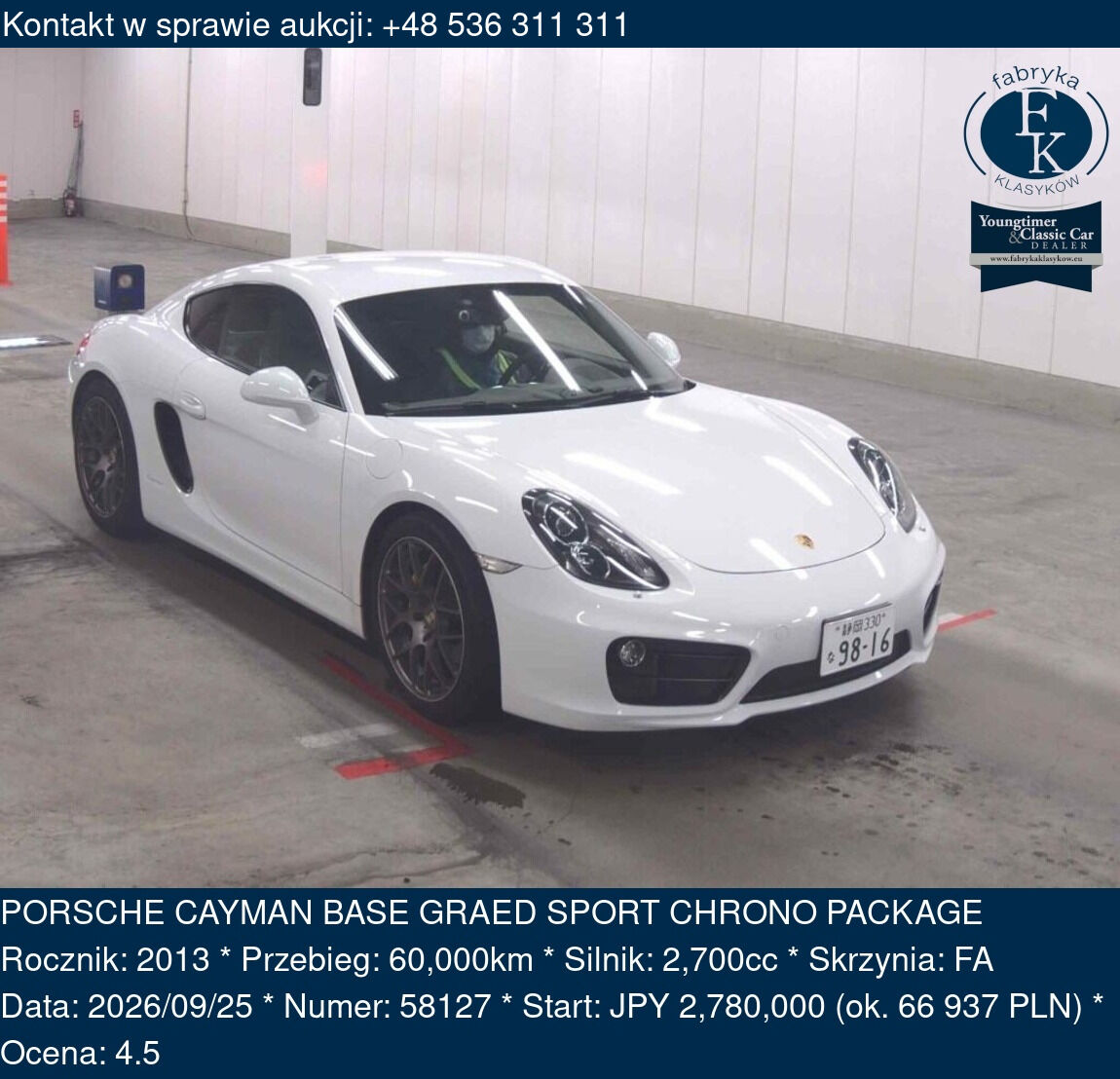 PORSCHE CAYMAN BASE GRAED SPORT CHRONO PACKAGE 2013 - zdjęcie 2