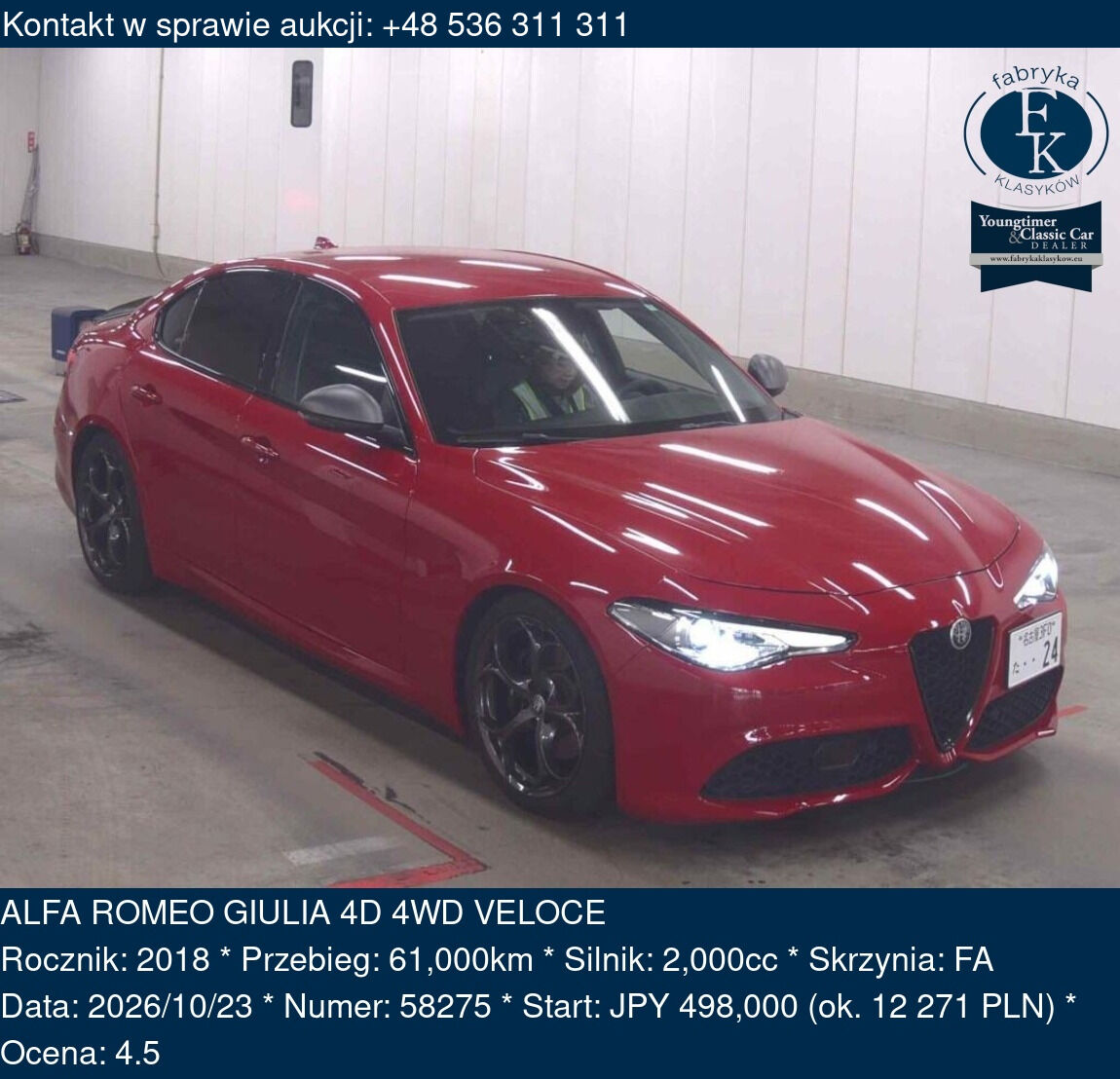 ALFA ROMEO GIULIA 4D 4WD VELOCE 2018 - zdjęcie 2