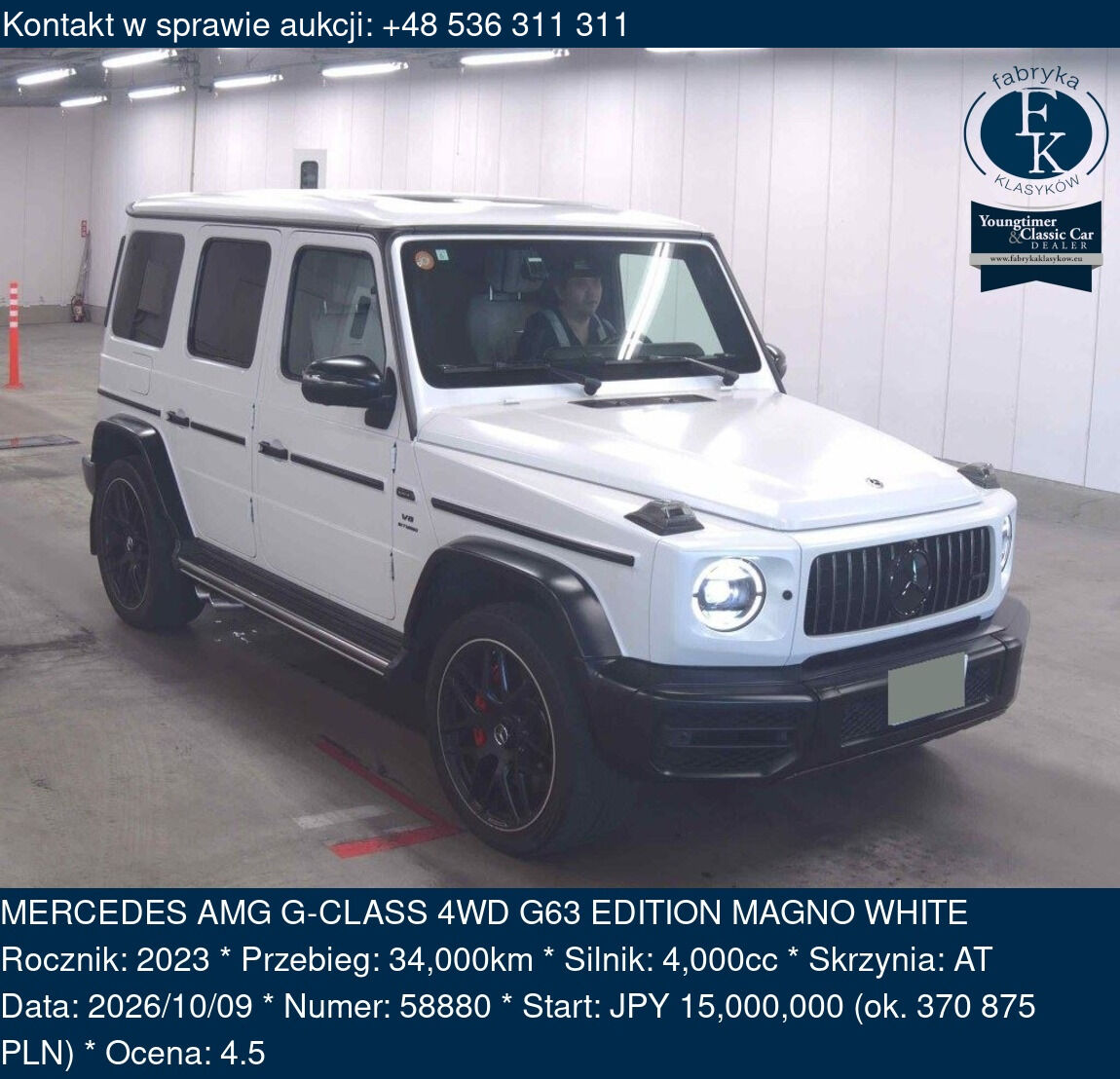 MERCEDES AMG G-CLASS 4WD G63 EDITION MAGNO WHITE 2023 - zdjęcie 2