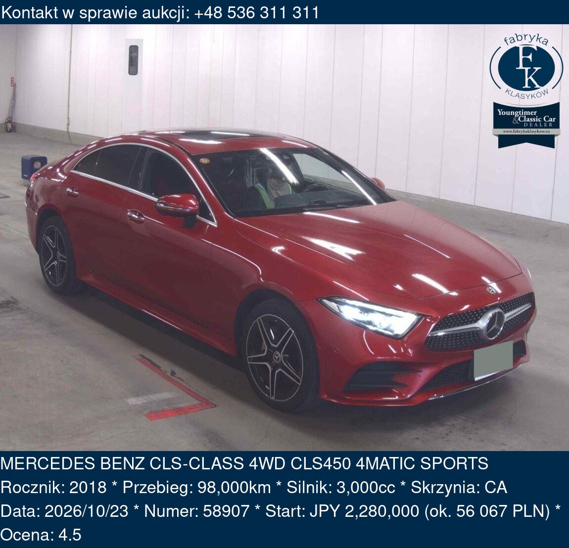 MERCEDES BENZ CLS-CLASS 4WD CLS450 4MATIC SPORTS 2018 - zdjęcie 2