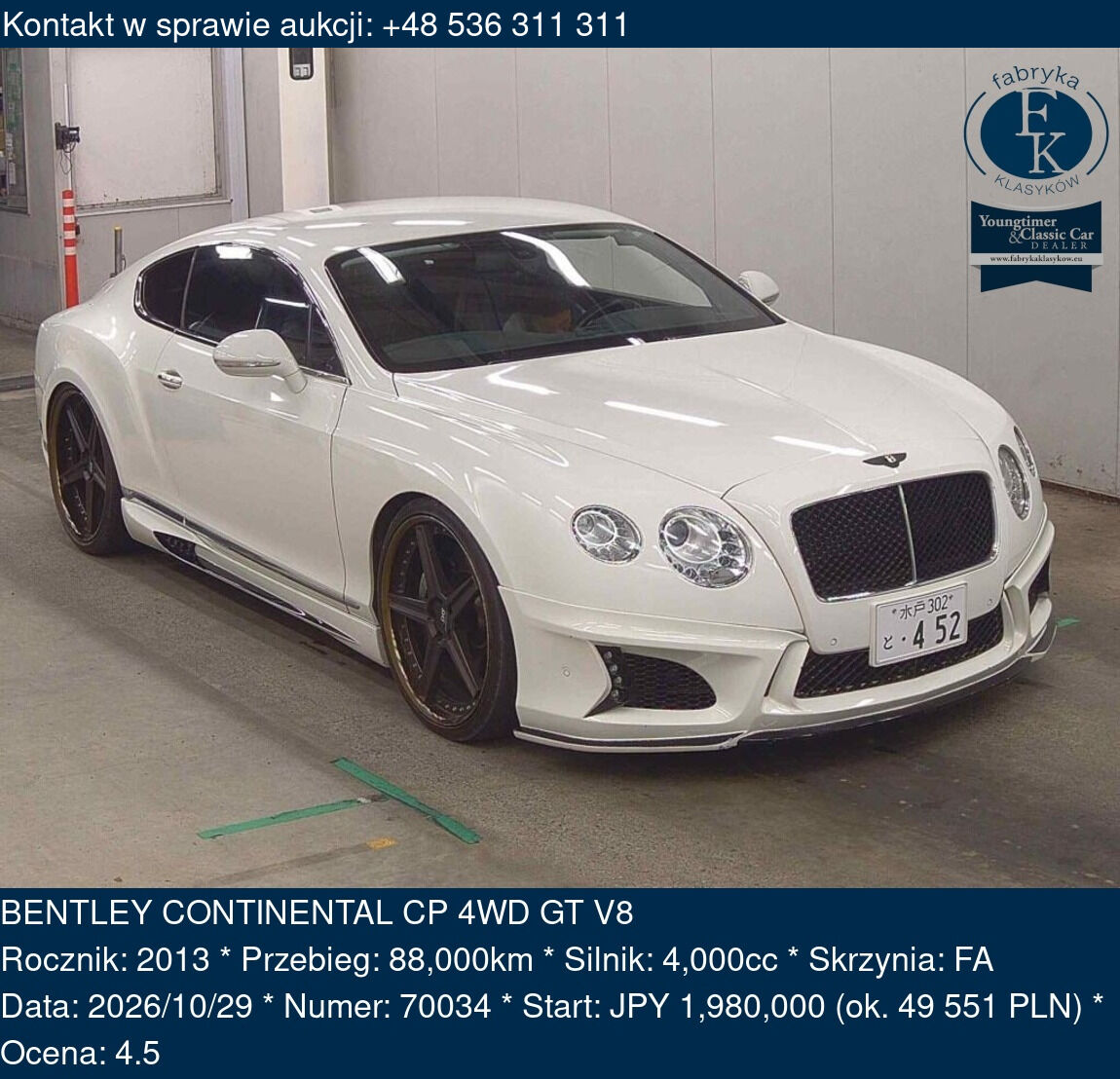 BENTLEY CONTINENTAL CP 4WD GT V8 2013 - zdjęcie 2