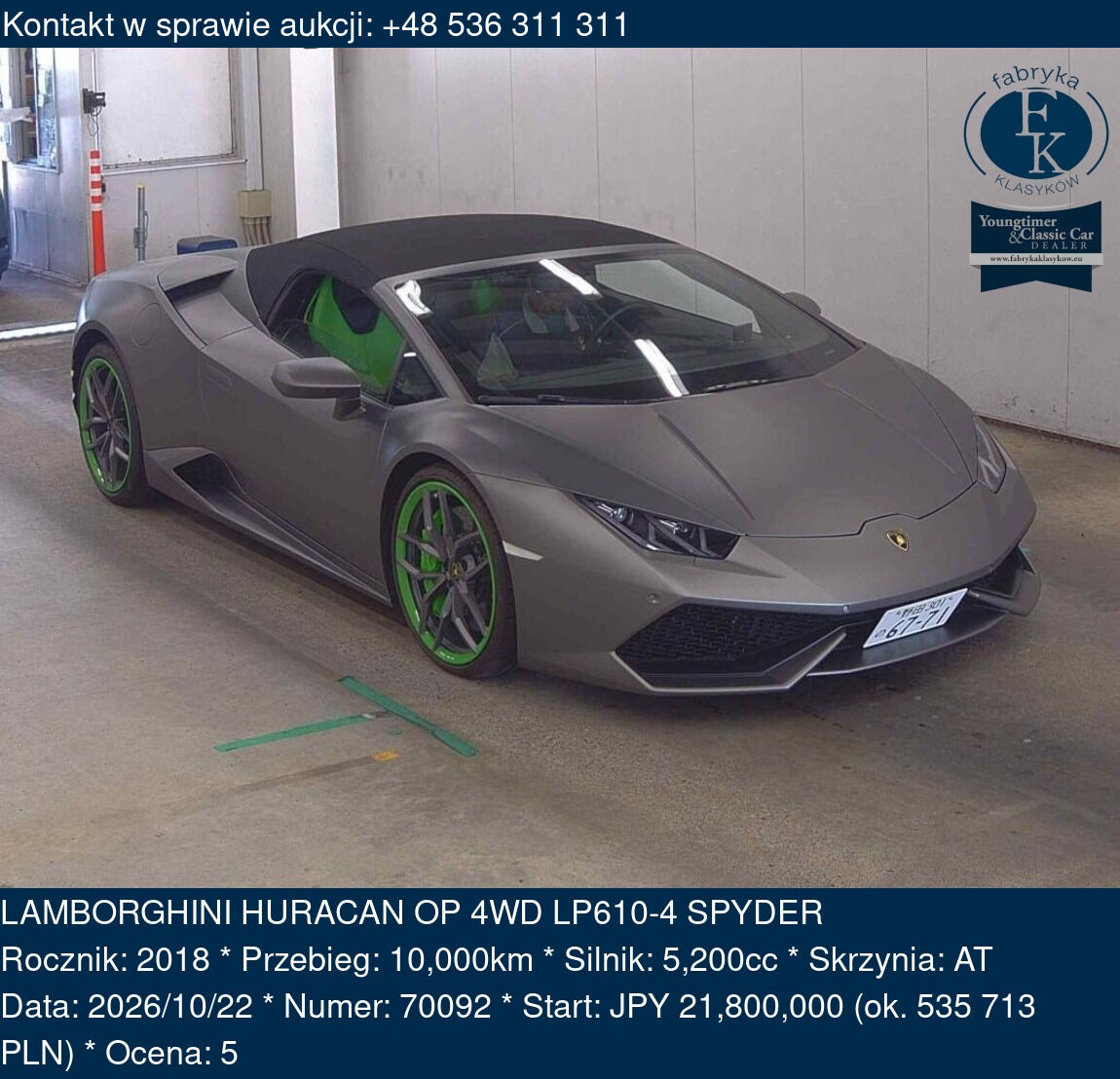 LAMBORGHINI HURACAN OP 4WD LP610-4 SPYDER 2018 - zdjęcie 2