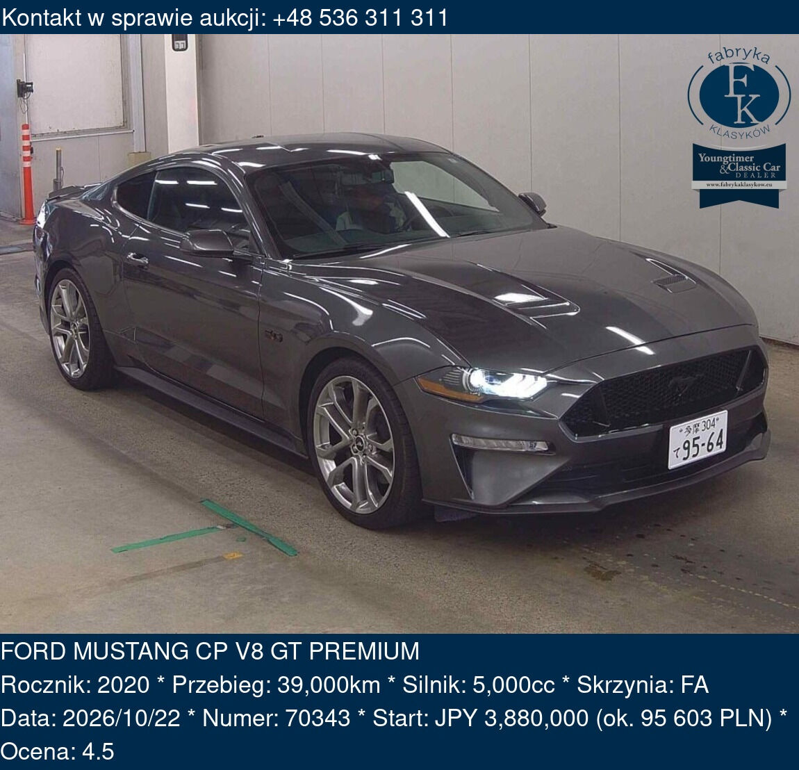 FORD MUSTANG CP V8 GT PREMIUM 2020 - zdjęcie 2