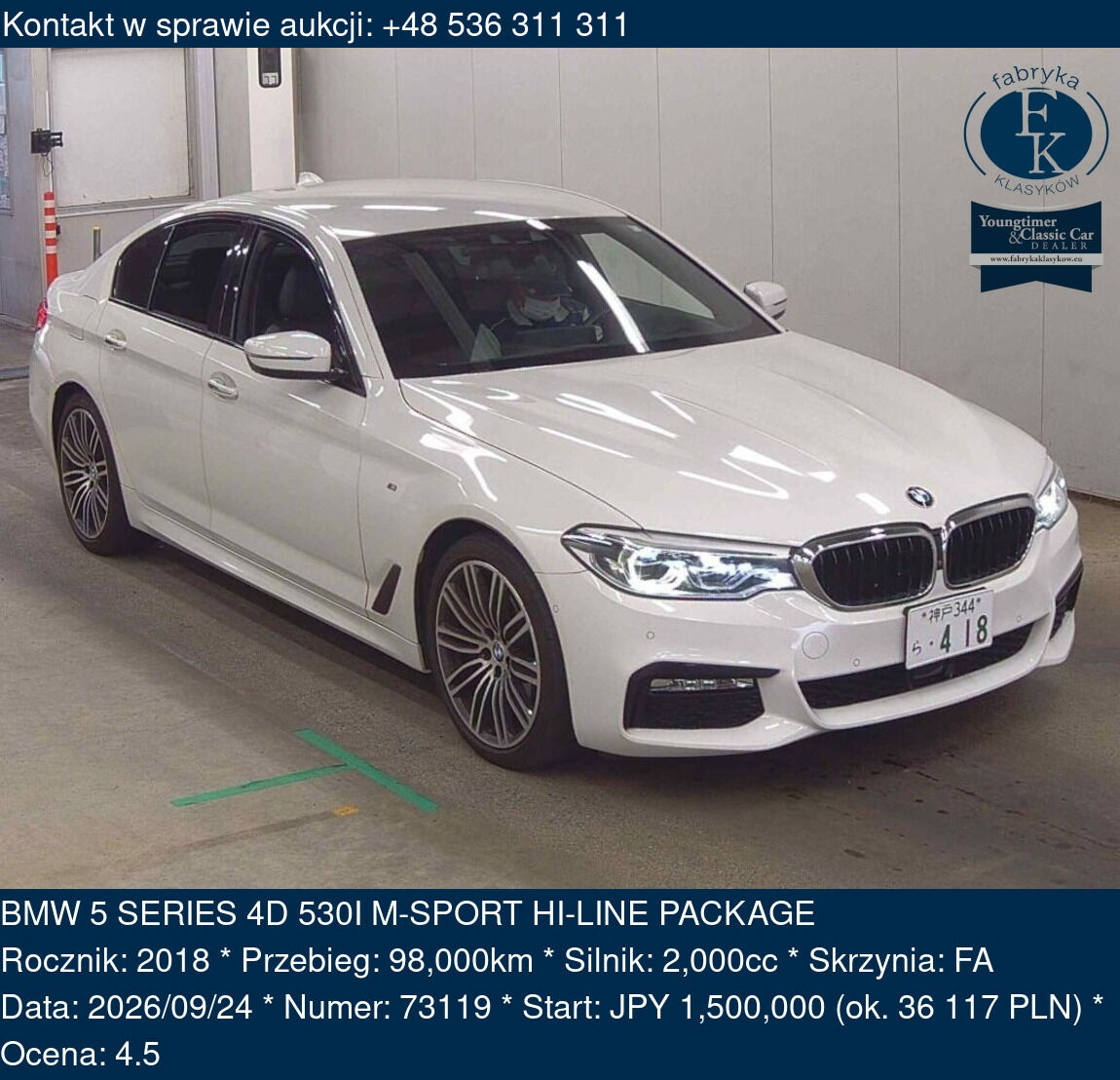 BMW 5 SERIES 4D 530I M-SPORT HI-LINE PACKAGE 2018 - zdjęcie 2