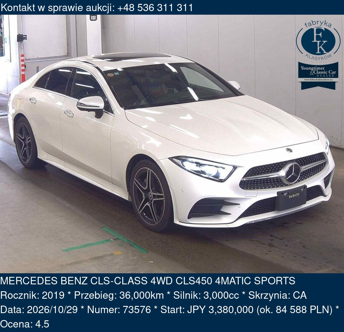 MERCEDES BENZ CLS-CLASS 4WD CLS450 4MATIC SPORTS 2019 - zdjęcie 2