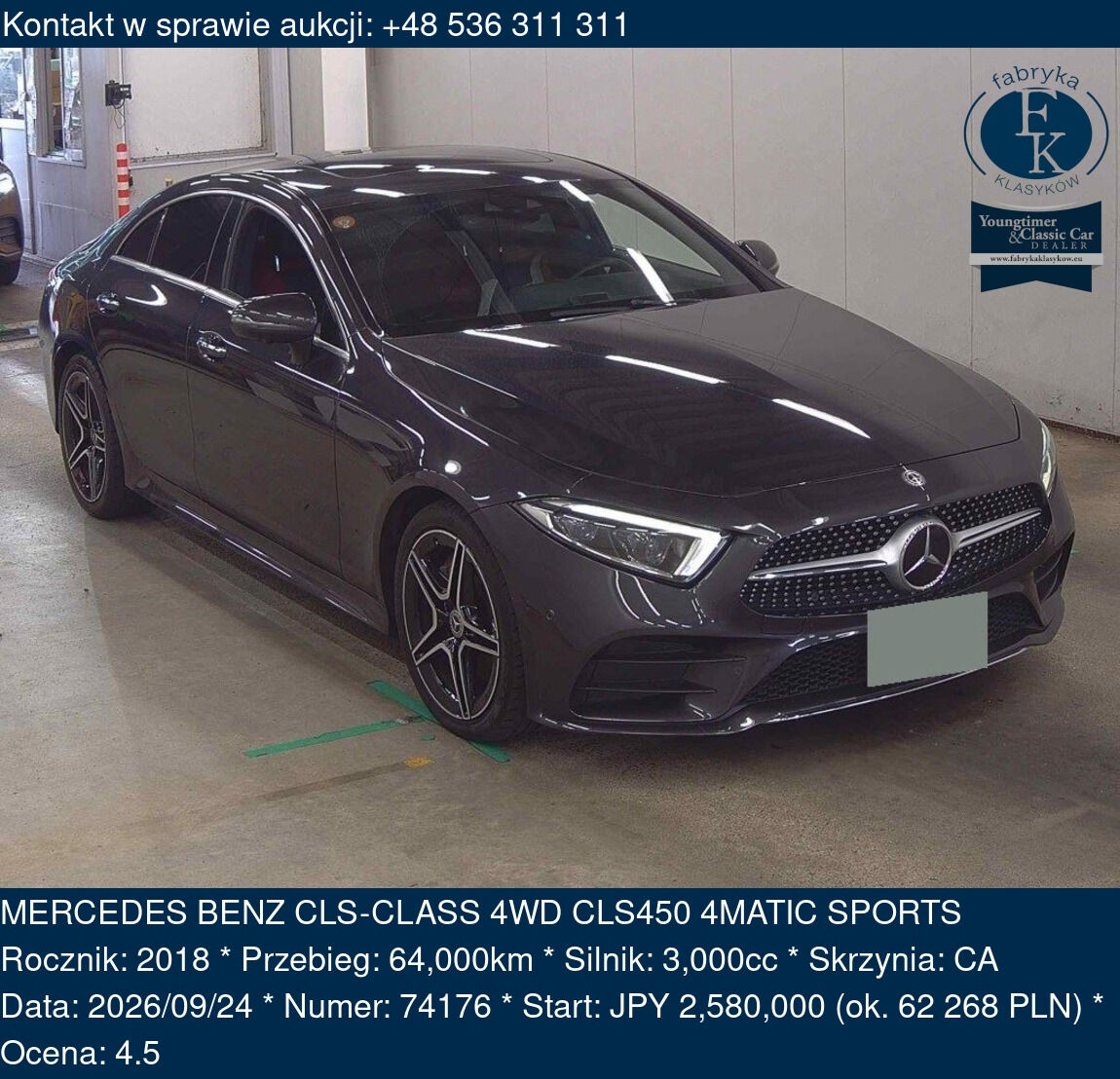 MERCEDES BENZ CLS-CLASS 4WD CLS450 4MATIC SPORTS 2018 - zdjęcie 2