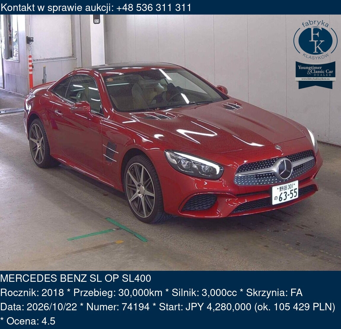 MERCEDES BENZ SL OP SL400 2018 - zdjęcie 2