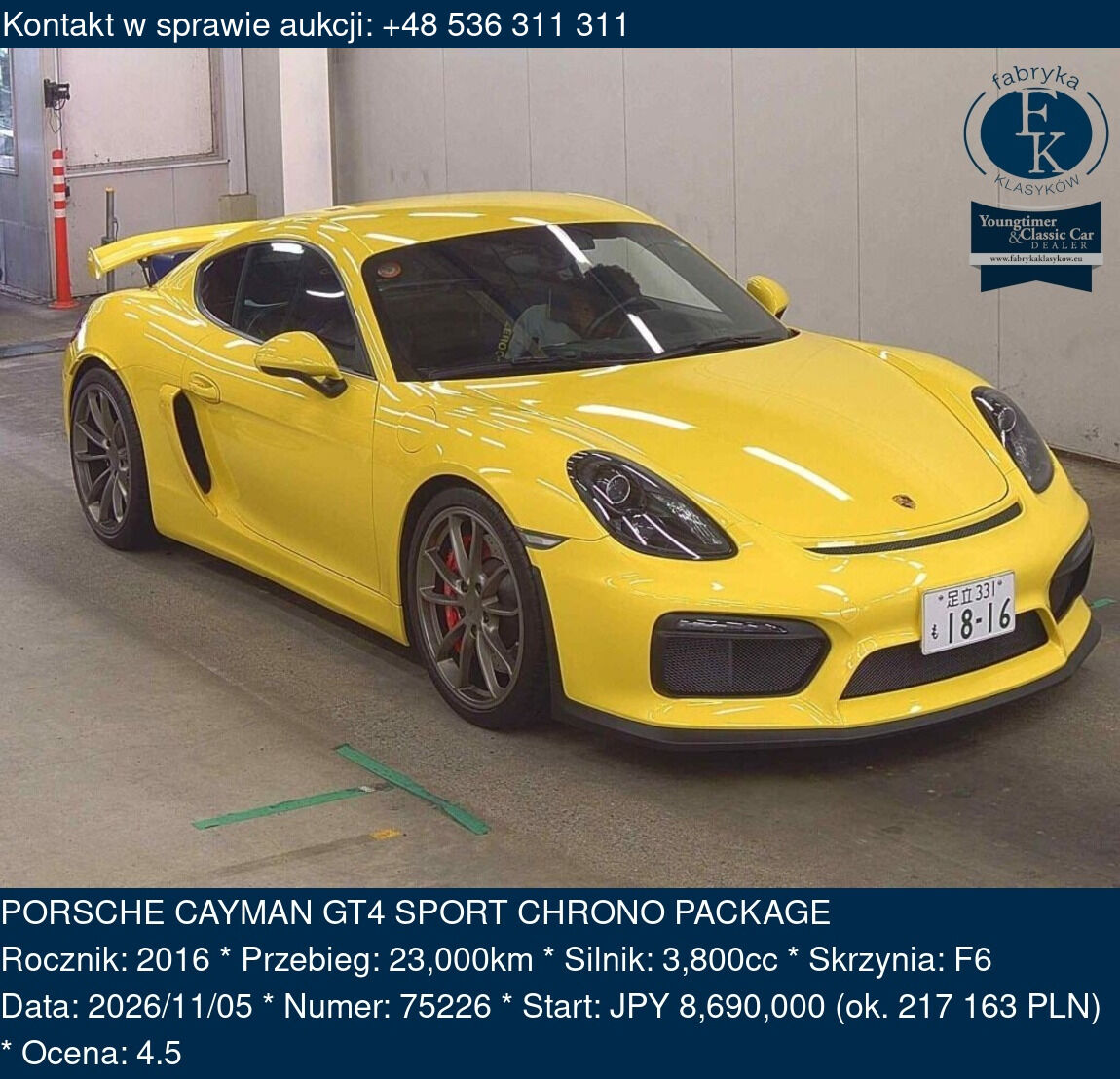 PORSCHE CAYMAN GT4 SPORT CHRONO PACKAGE 2016 - zdjęcie 2