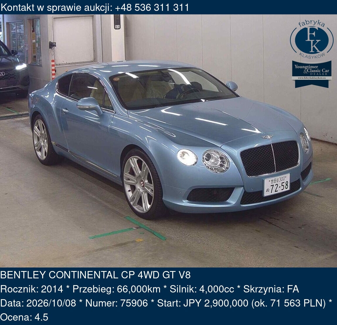 BENTLEY CONTINENTAL CP 4WD GT V8 2014 - zdjęcie 2