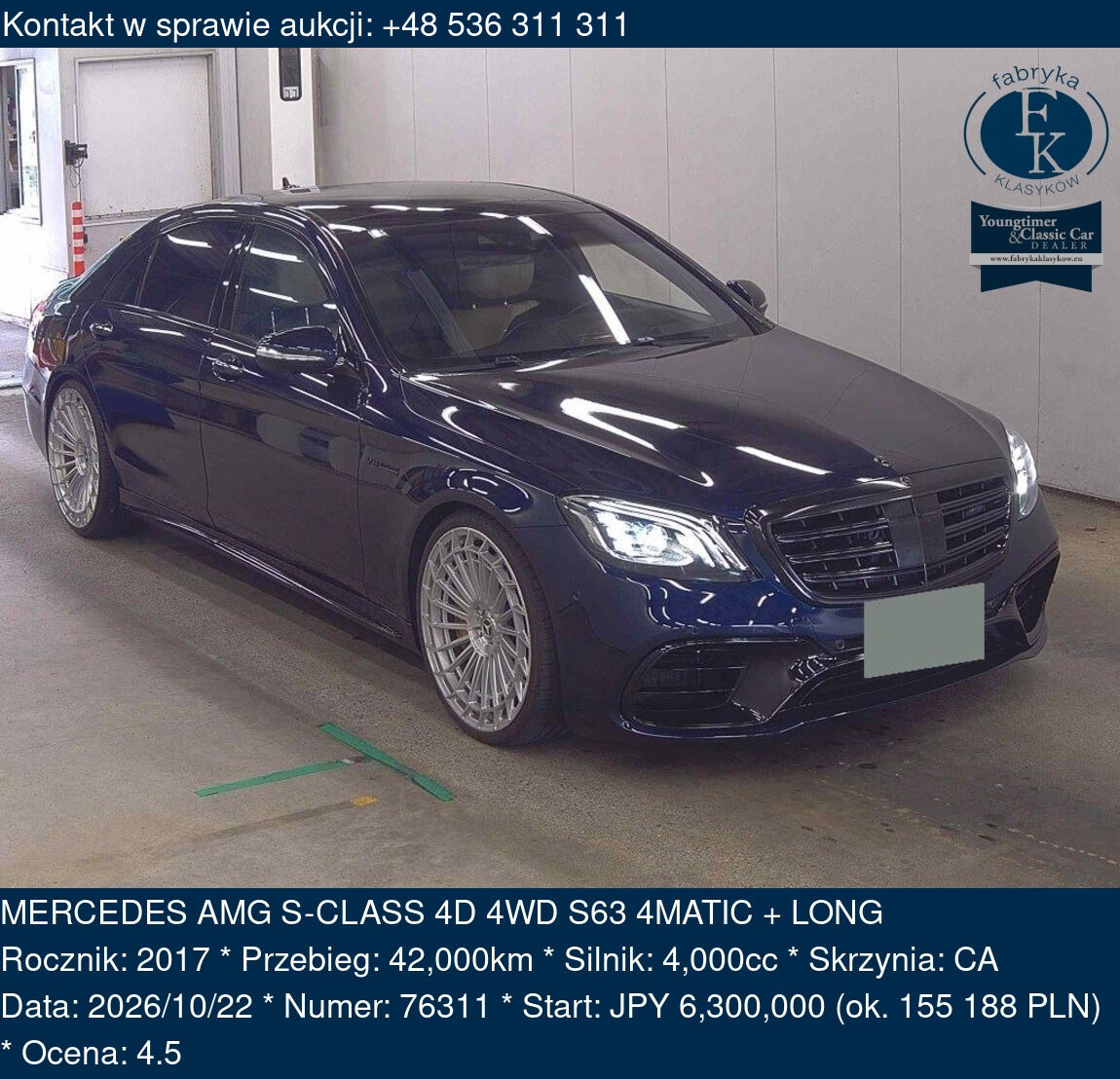 MERCEDES AMG S-CLASS 4D 4WD S63 4MATIC + LONG 2017 - zdjęcie 2