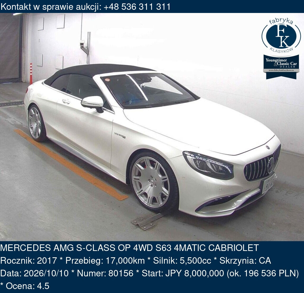 MERCEDES AMG S-CLASS OP 4WD S63 4MATIC CABRIOLET 2017 - zdjęcie 2