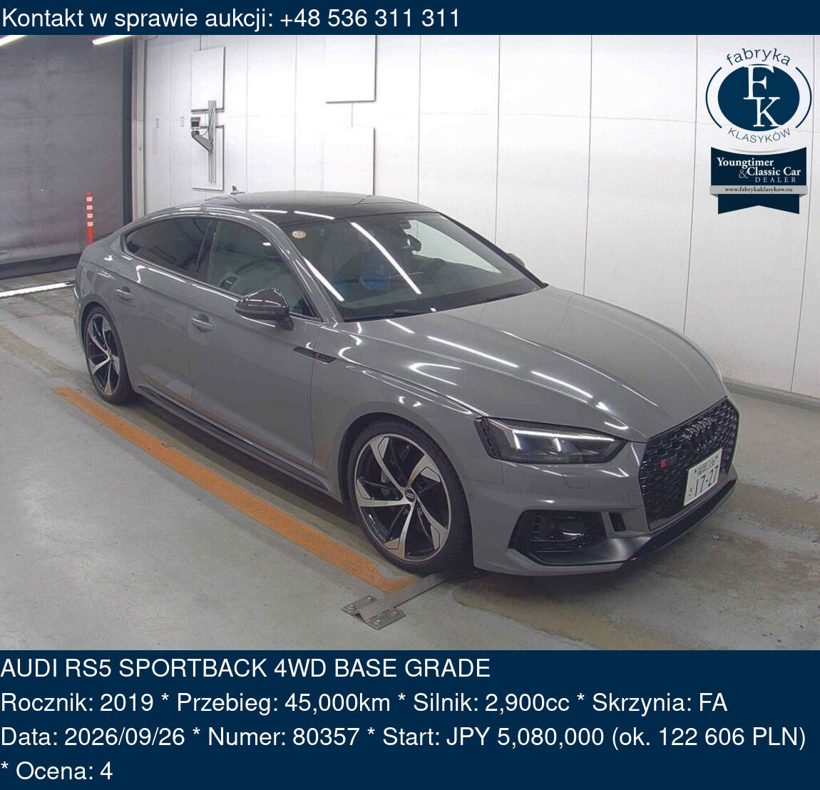 AUDI RS5 SPORTBACK 4WD BASE GRADE 2019 - zdjęcie 2