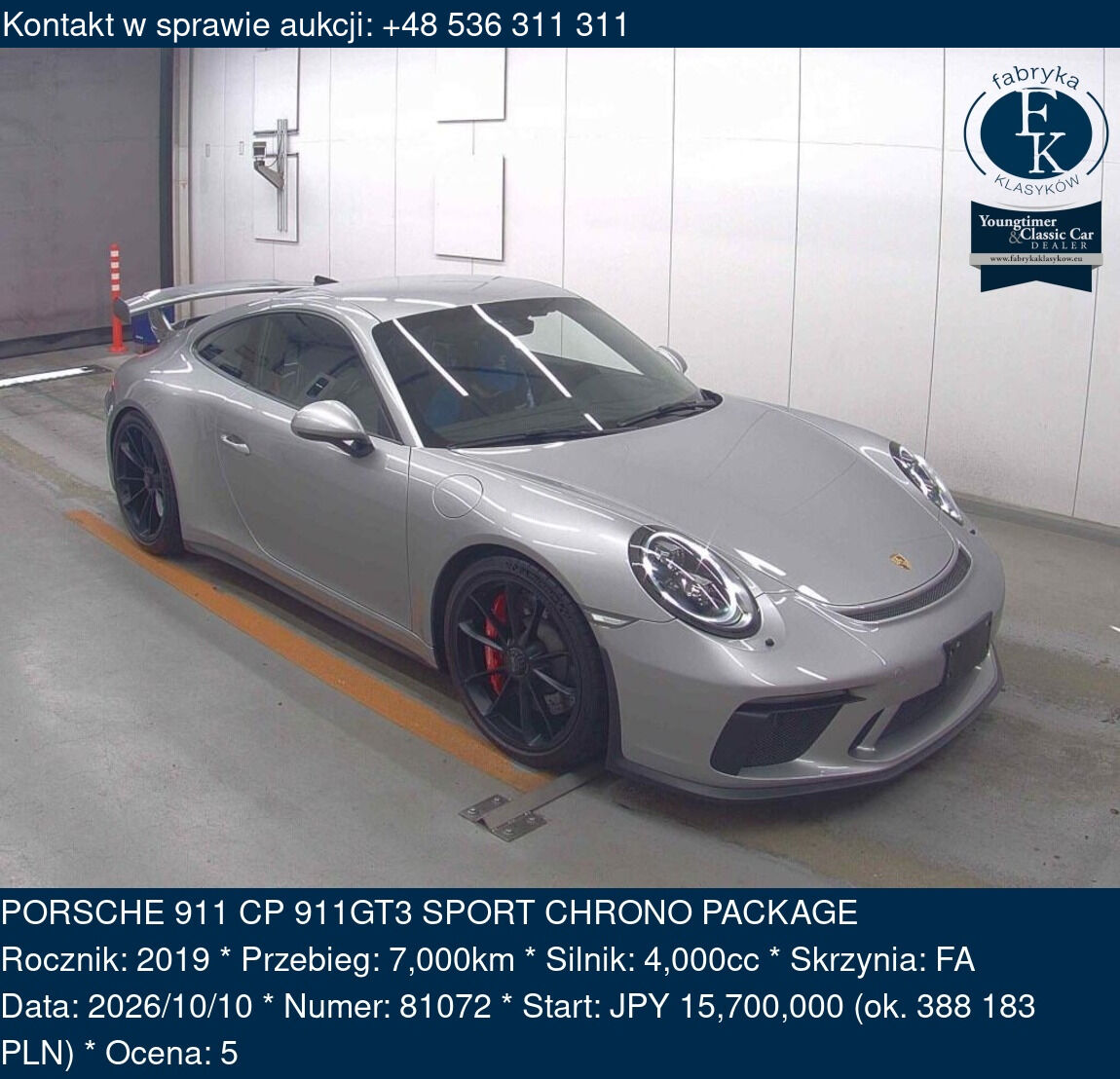 PORSCHE 911 CP 911GT3 SPORT CHRONO PACKAGE 2019 - zdjęcie 2