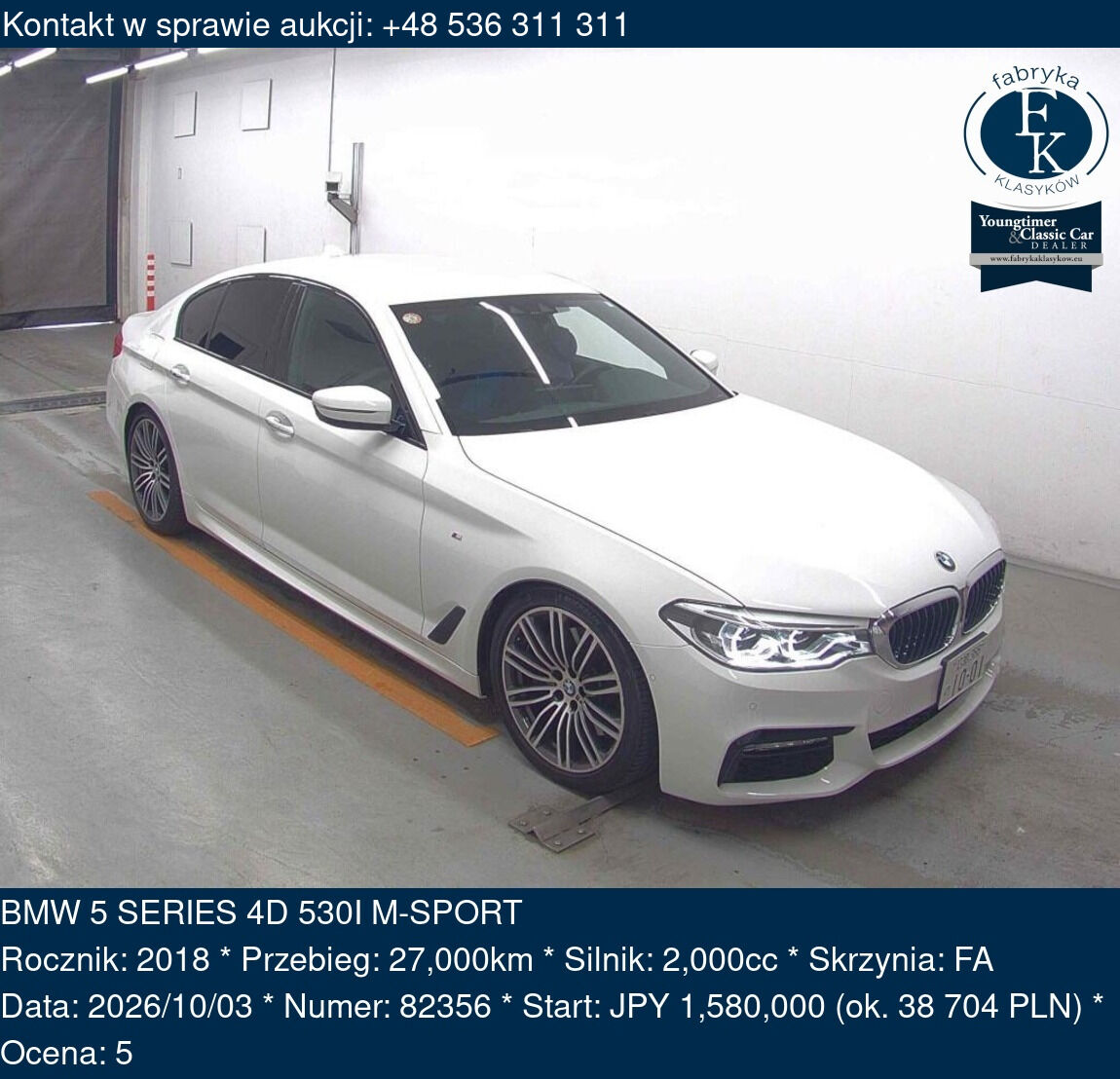 BMW 5 SERIES 4D 530I M-SPORT 2018 - zdjęcie 2