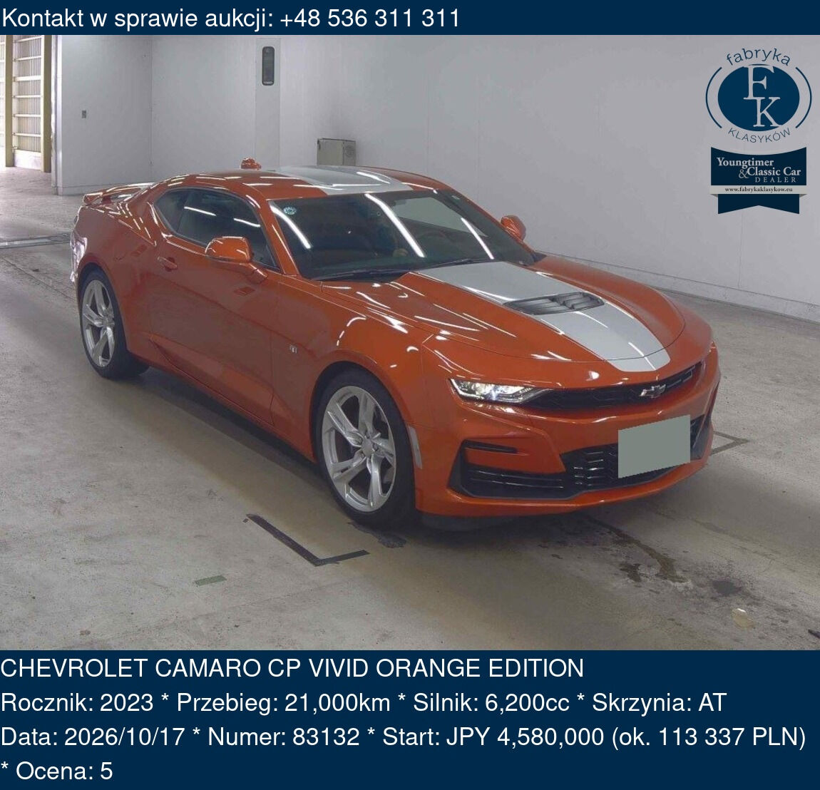 CHEVROLET CAMARO CP VIVID ORANGE EDITION 2023 - zdjęcie 2