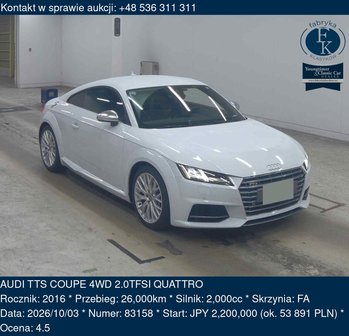 AUDI TTS COUPE 4WD 2.0TFSI QUATTRO 2016 - zdjęcie 2