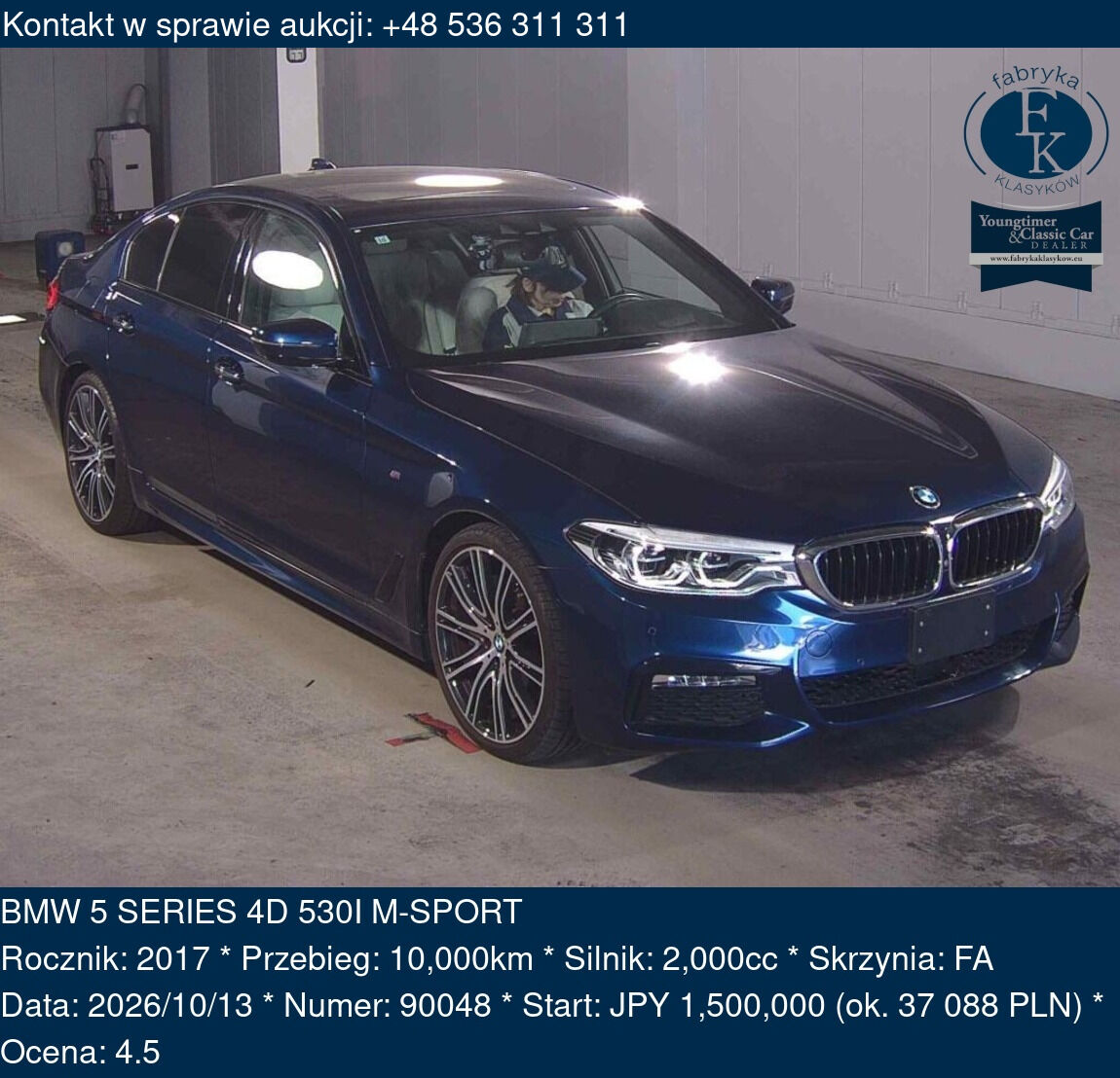 BMW 5 SERIES 4D 530I M-SPORT 2017 - zdjęcie 2